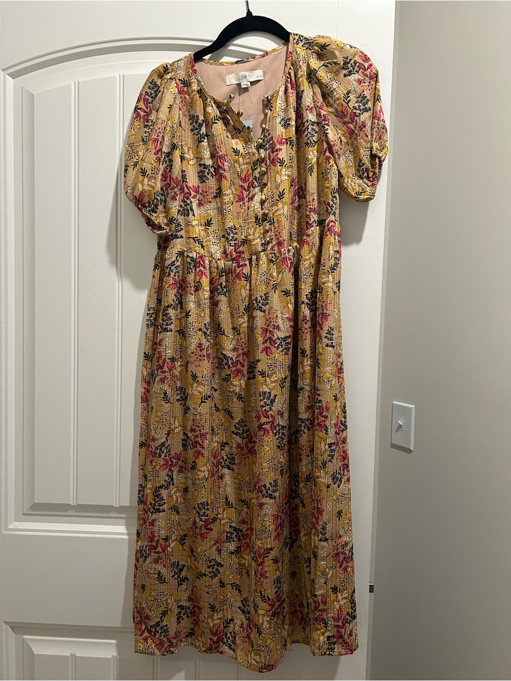 LOFT Mustard Yellow Floral Midi Dress with Puff Sleeves